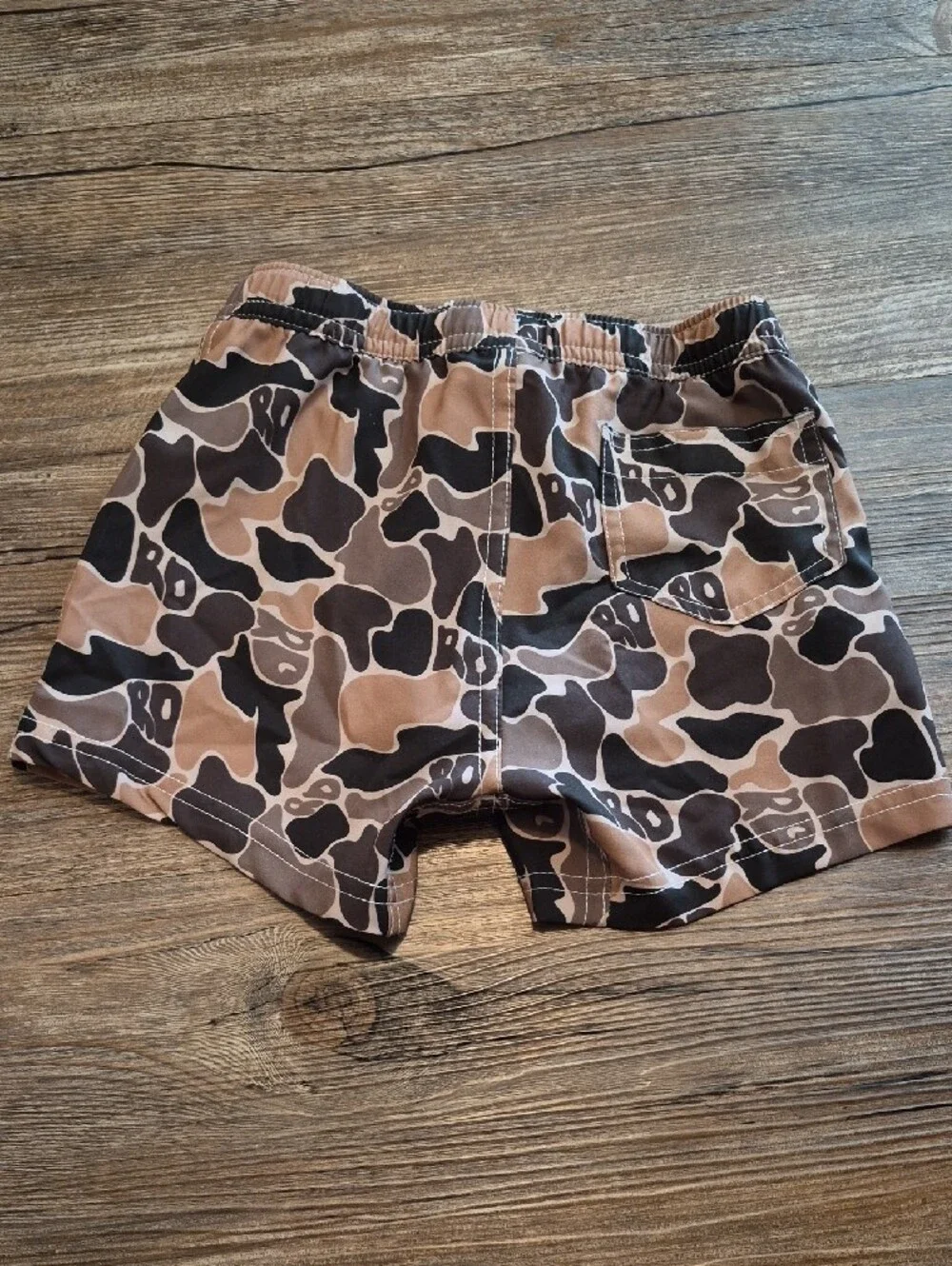 Kids Brown Camo Swim Trunks with Yellow Drawstring